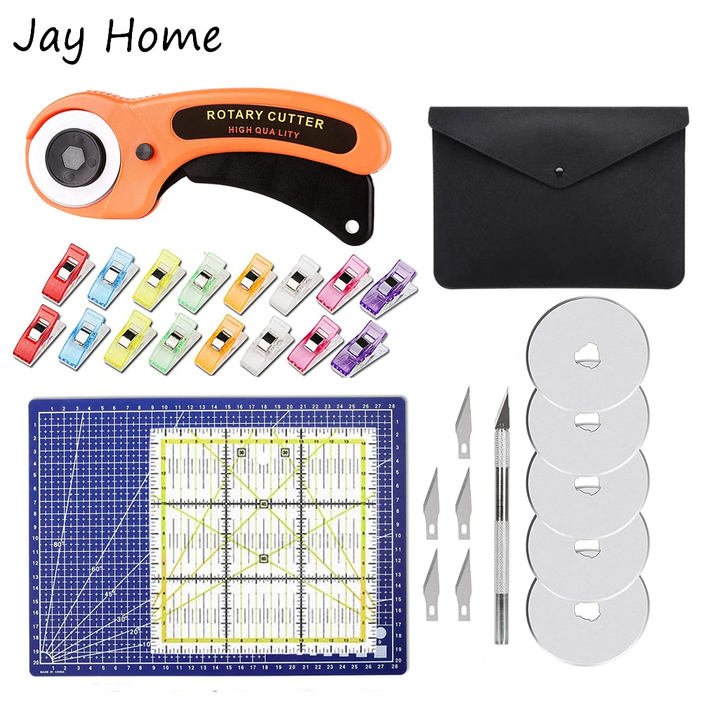 

45mm Rotary Cutter Kit with 5pcs Blade & Patchwork Ruler & Sewing Clips & Cutting Mat & Carving Knife for Fabric Sewing Craft