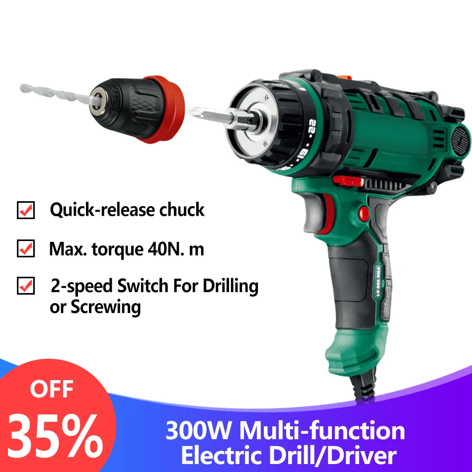 40N.m 300W Electric Power Drill Screwdriver 2-speed Torque Driver Handheld Impact Drill Tool with Q
