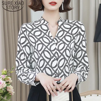 

Sexy V-neck Office Lady Blouse Korean Style Women Fashion Long Sleeve Print Shirt Women 2020 Spring New Arrival Tops 8214 50