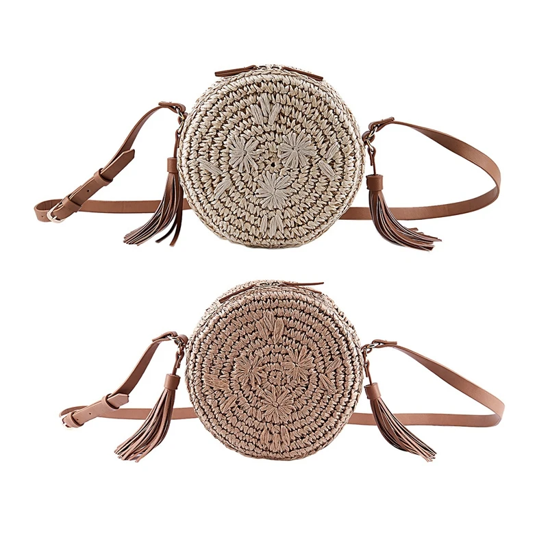 

Fashion Tassel Round Straw Bag Small Fresh Embroidered Retro Beach Bag Casual Woven Handbag For Women