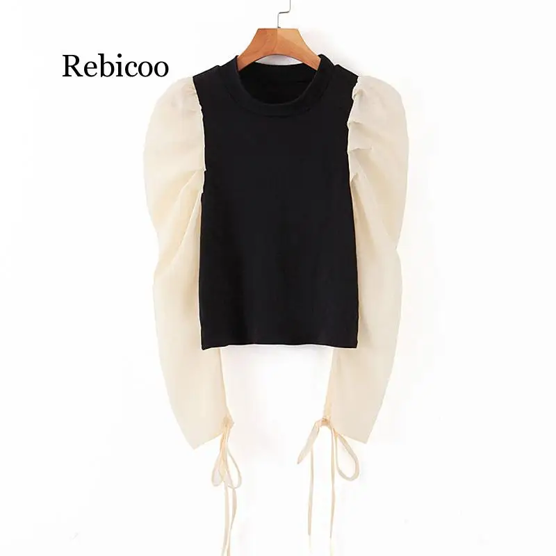 

Женские Прозрачные топы с длинным рукавом и круглым вырезом, элегантные футболки на шнуровке в стиле пэчворк