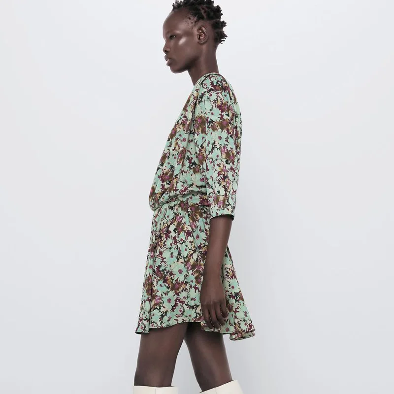 RR O Neck Dresses Women Fashion Floral Printed Dress Women Elegant Elastic Waist Half Sleeve Mini Dresses Female Ladies JAD