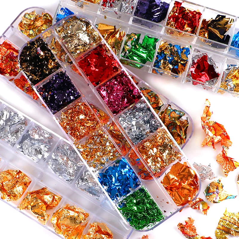 1 Box Gold Foil Paper Nail Art Sticker 3D Glitter DIY Manicure UV Gel Polish Decoration Designer Irregular Aluminum Set | Красота и