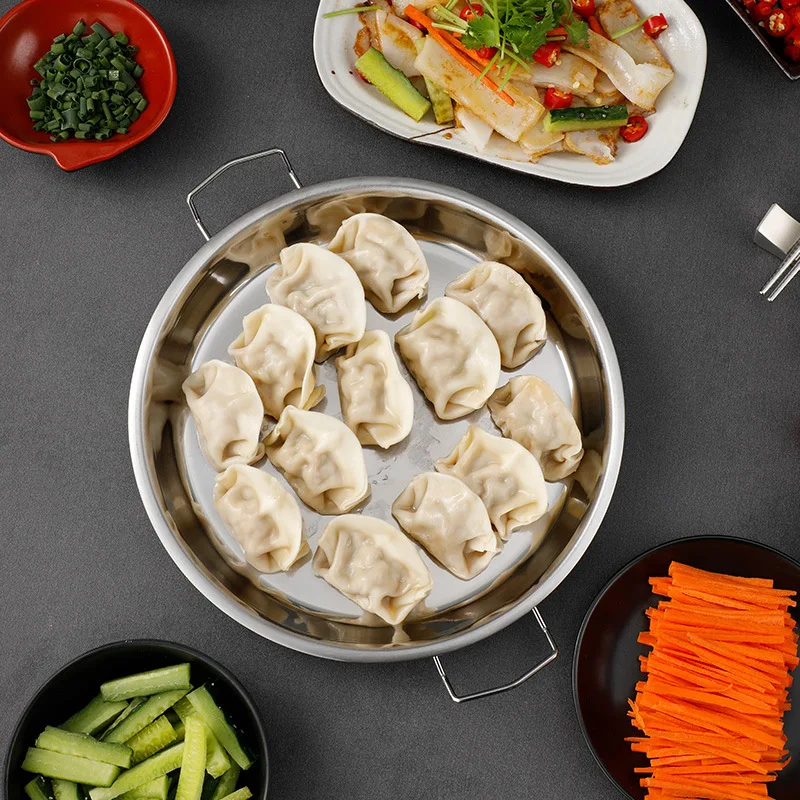 Round Stainless Steel Serving Plates for Food Cold Noodle Making Dishes Steamed Tray Dinnerware Kitchen Pastry Pan with Handle
