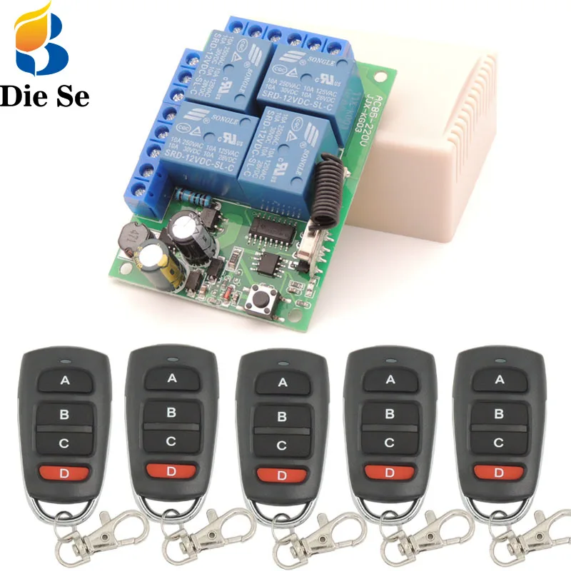 

433MHz Universal Wireless Remote AC 220V 4CH rf Relay and Transmitter Remote Garage/LED/Light/Fan/Home appliance Control switch