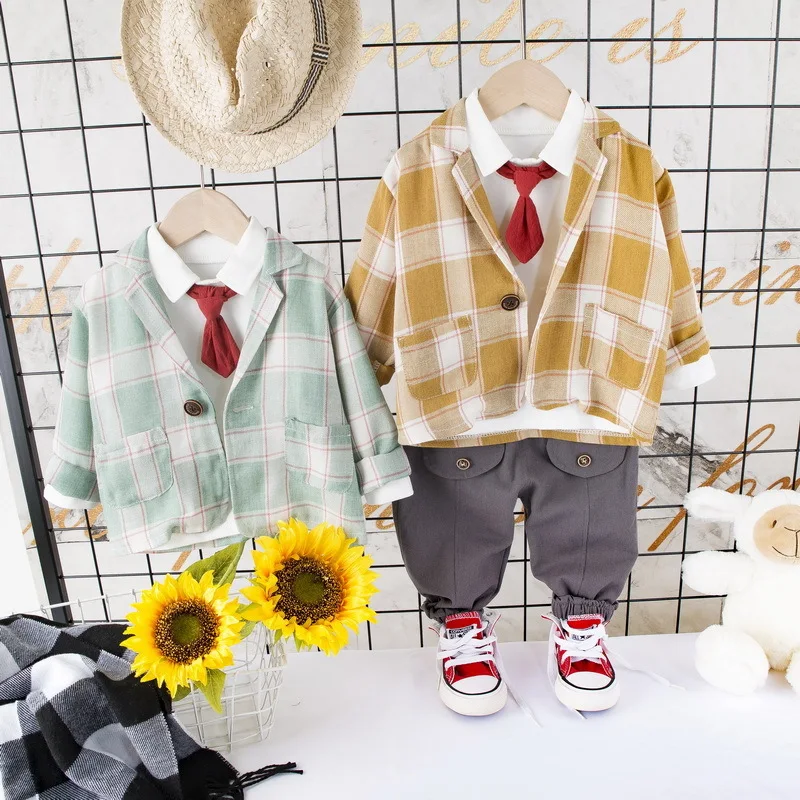 

Spring Autumn Children Cotton Out Clothes Baby Boys T Shirts Lattice Coat Pants 3Pcs/sets Infant Kids Fashion Toddler Tracksuits