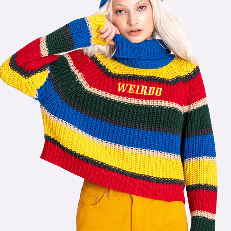 rainbow striped Ins, хит, Радужный полосатый свитер-водолазка, женский,, Осень-зима, пуловер с вышитыми буквами, уличная, повседневная, свободная, Вязанная одежда, топы - Цвет: rainbow striped