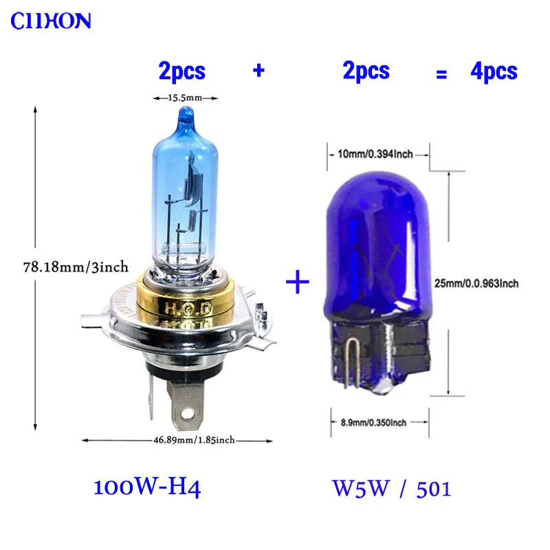 Ciihon 4 шт. супер белая галогенная лампа для VW Polo 6R H4 501 55 Вт 100 Вт Xenon HOD High/Low/Slux Светодиодный Боковой светильник - Испускаемый цвет: Mix Set-100W-HOD