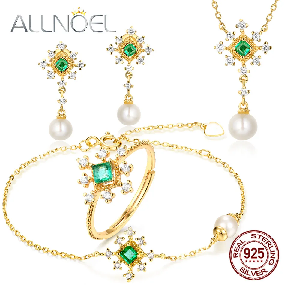 

ALLNOEL Solid 925 Sterling Silver Freshwater Pearl Sets Natural Emerald Earrings Ring Necklace Bracelet Gemstone Find Jewelry