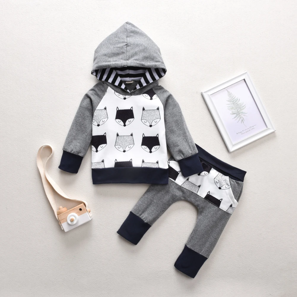 

Infant Baby Boy Clothes Cotton Animal Print Hooded Sweatshirt Long Pants Outfits Set Autumn Clothing