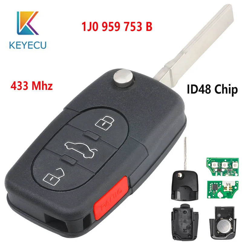 

KEYECU Folding Remote Key 3 Button 433Mhz ID48 1J0 959 753 B Fob for Volkswagen 1999-2001 Beetle 1999-2001 Bora 1997-2001 Passat