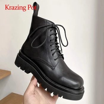 

Krazing pot new motorcycle boots real leather thick bottom platform round toe high square heel lace up coolest ankle boots L99