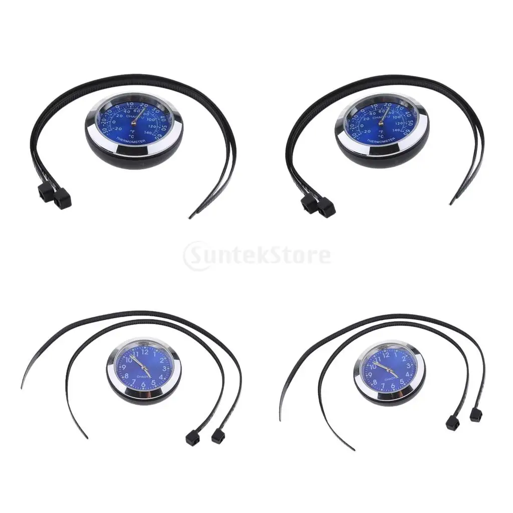4Pcs Motorcycle Bike Blue Dial Clock Watch + Thermometer Temperature Gauges