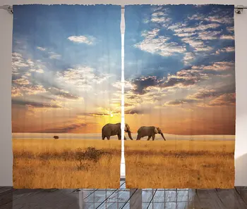 

Safari Curtains Elephants African Distinct Species Sun Rays Untouched Land Fall Scene Picture Living Room Bedroom Window Drapes