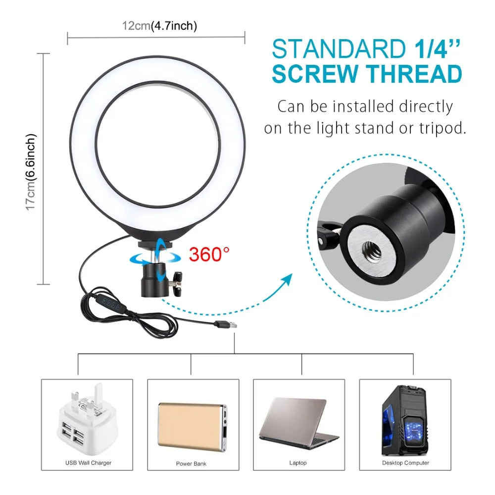 Кольцевой светильник для селфи с 3 режимами и регулируемой яркостью, USB светодиодный светильник для видео, кольцевая лампа 4,7 дюйма для Ютуба, набор для макияжа видео в студии