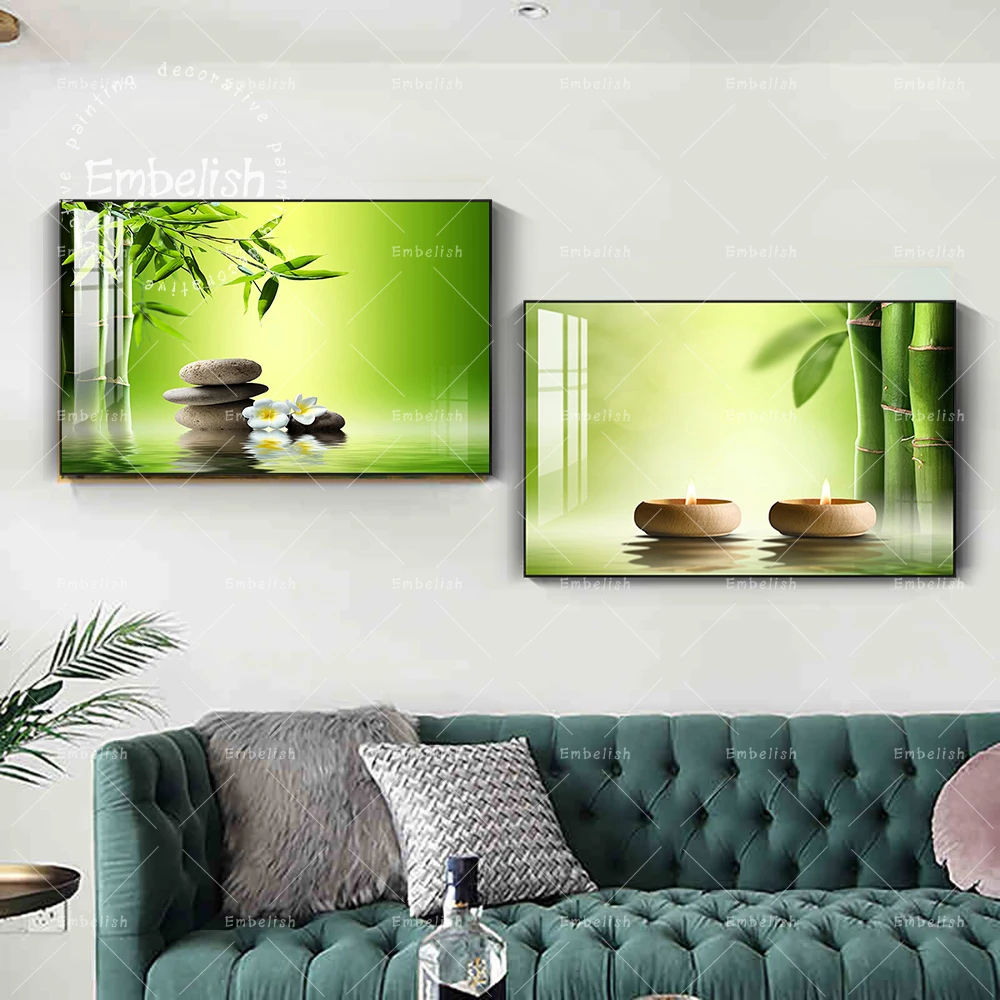 Green Bamboo Black Stone Candle 3 PCS Canvas Printed Wall Poster Art Home Decor 