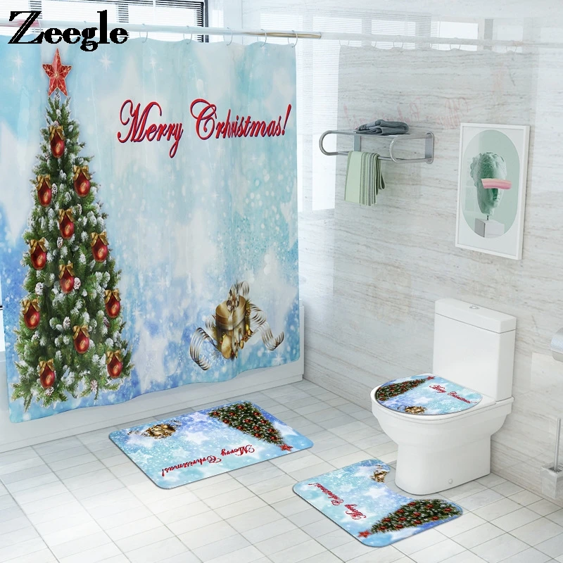 4pcs Christmas Tree Set of Toilet Carpet Bath Mats Bathroom Shower Curtain Set Absorbent Mats Anti Slip Mat for Bathroom
