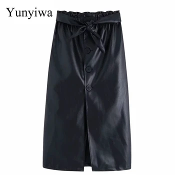 

Women Fashion Bow Tied Decoration PU Leather Straight Skirt Faldas Mujer Ladies Elastic Waist Buttons Chic Midi Skirts