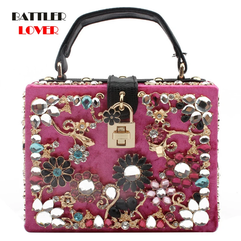 Flower Diamonds Women Box Evening Bag Luxury Handbag Banquet Party Ladies Shoulder Bag Wedding Female Velvet Flaps