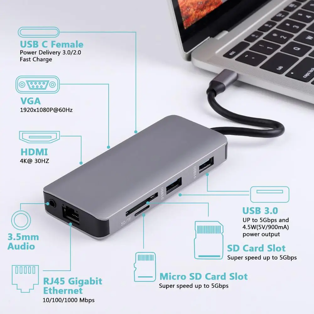 9 в 1 USB концентратор для C 4K HDMI VGA 3 0 AUX адаптер док станция MacBook Pro/Air Huawei Xiaomi Samsung S9 S8