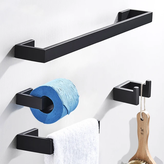 Juego de accesorios de baño de madera de nogal, toallero negro, soporte de  papel higiénico, barra de toalla, estante de baño - AliExpress