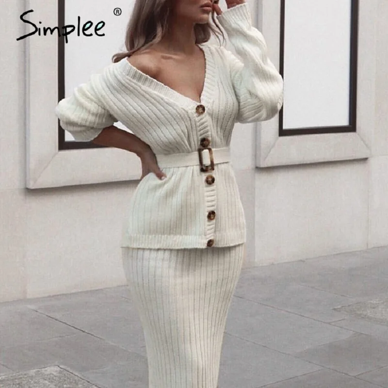 Simplee women knitted sweater dress Elegant autumn winter two pieces skirt suit White long sleeve female cardigan midi dresses Simplee women knitted sweater dress Elegant autumn winter two pieces skirt suit White long sleeve female cardigan midi dresses