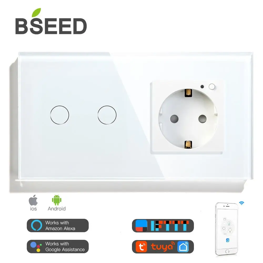 BSEED Smart Wifi Touch Switch 2 Gang  EU Standard Work With Tuya 16A EU Socket With 3 Colors Crystal Glass Panel Smart Switch
