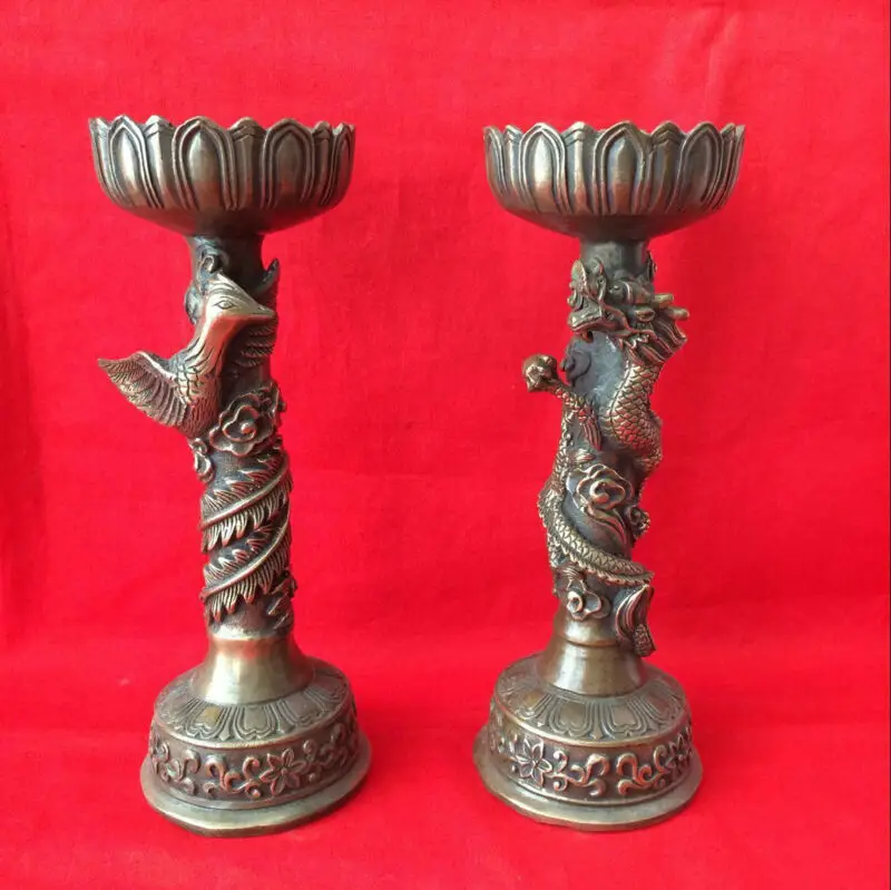 Античный пара драконов и Phoenixes Медный подсвечник из Xuande император.|Статуи