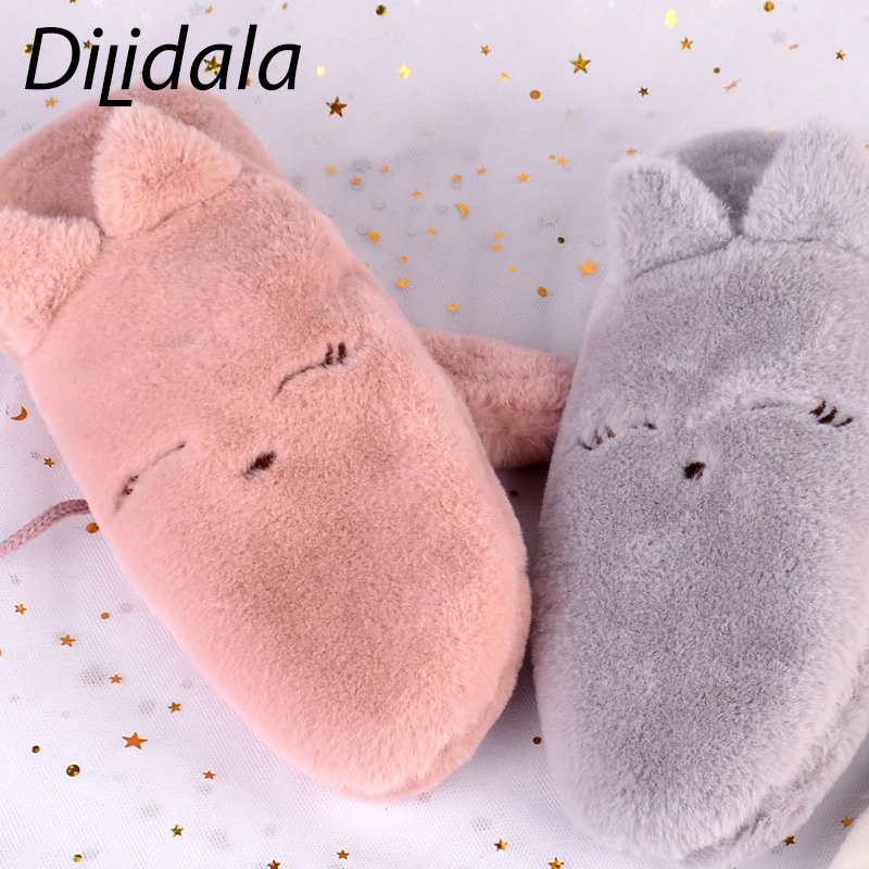Dilidala женские зимние Мультяшные кошачьи перчатки Плюшевые утепленные Висячие на шее велосипедные теплые студенческие милые перчатки удобные мягкие кошачьи ушки