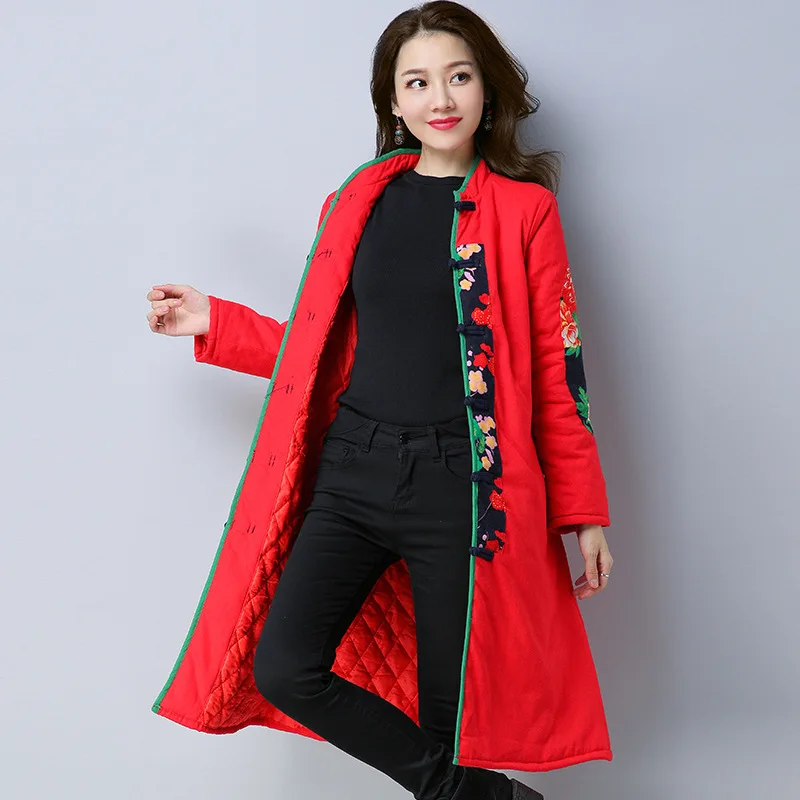 

2019 Winter New Style Large Size Dress National Wind Retro Frog Cotton Linen Printed Cotton-padded Jacket Coat Cotton-padded Clo