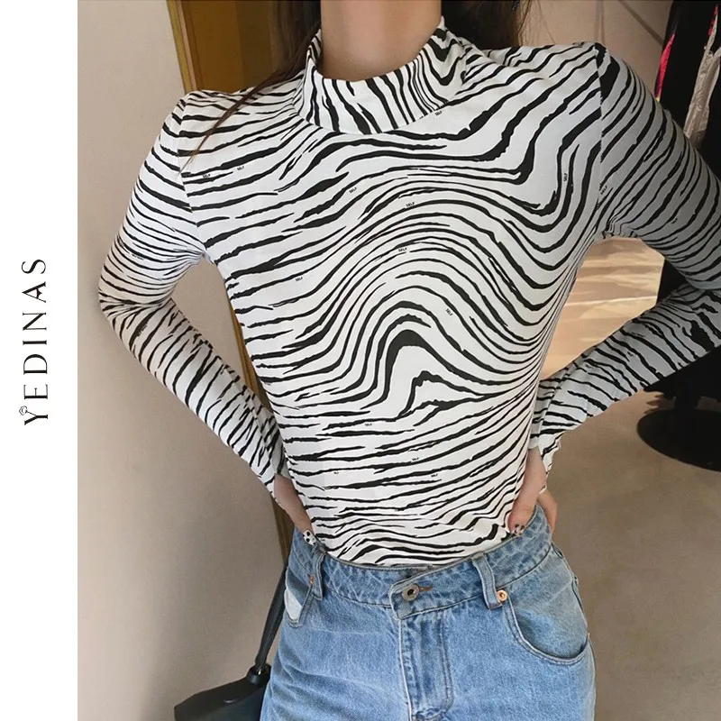 

Yedinas Women Leopard Zebra Print Blouses Autumn Turtle Neck Blouse Ladies Sexy Party Club Clothes Long Sleeve Tight Shirts Tops