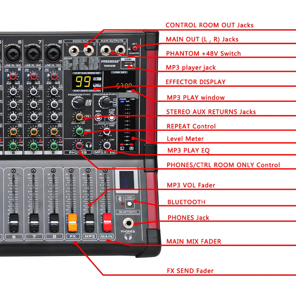 GAX-M8 High quality Professional 8 Channel Mixing Console Audio Blueteeth Power Amplifier Mixer
