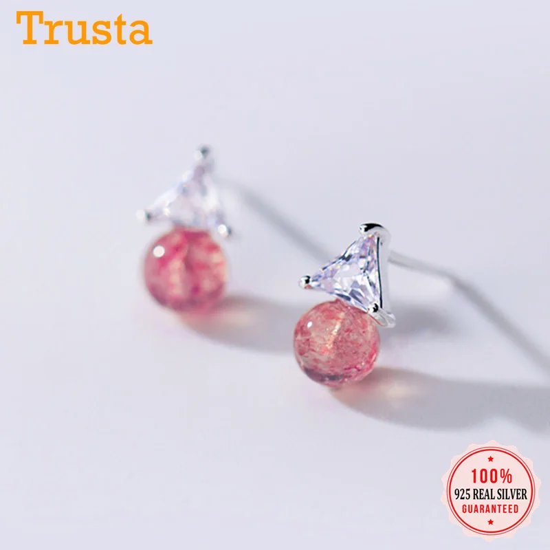 Trustdavis Genuine 925 Sterling Silver Sweet Triangle CZ Strawberry Crystal Stud Earrings For Women Wedding Jewelry Gift DS2176 | Украшения