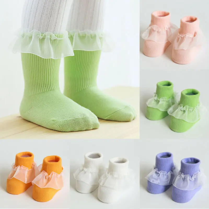 Милые детские носки для маленьких девочек хлопковые носки с кружевными оборками Нескользящие теплые носки принцессы с оборками для маленьких девочек 1 пара От 0 до 5 лет
