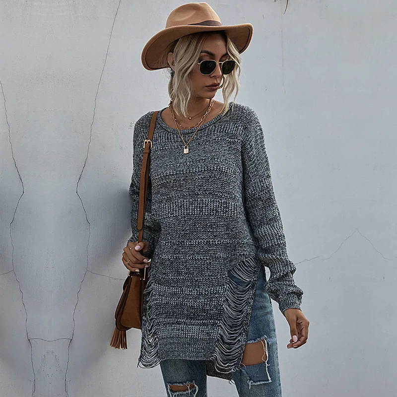 Gray Goth Women Sweater 2020 Winter Lady Pullover Hole Hollow Out Cool Long Sweaters Split Irregular Length Gothic Knitted Top