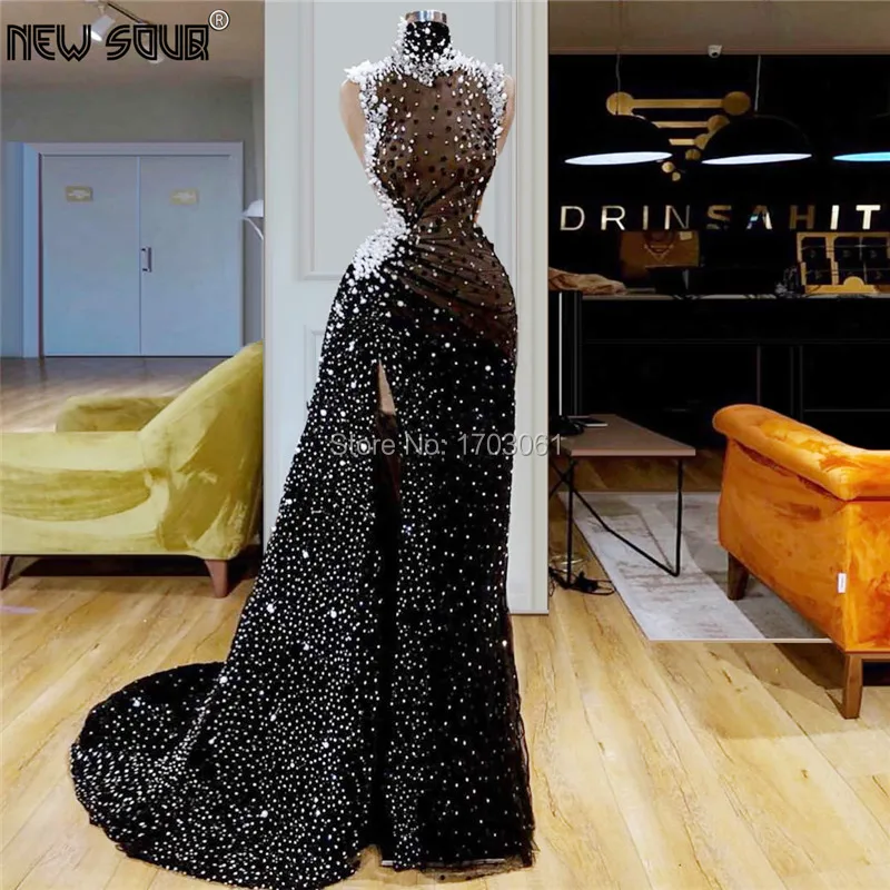 

Glitter Transparent Evening Dresses Custom Made 2019 New Arrival Split Slit Prom Dress For Dubai Arabic Robe De Soiree 2020 Kaftans Middle East Party Gowns Formal Pageant Gown