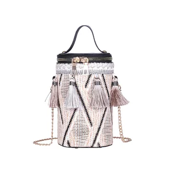 

Autumn Fashion New Handbag High quality Straw bag Women bag Round Tote bag Hand Metal Ring Tassel Chain Shoulder Travel bag