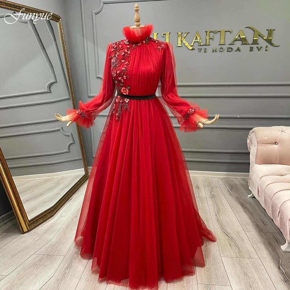 Vestidos formales elegantes De manga larga para mujer, flores rojas, línea  A, tul árabe, Dubai, vestidos De fiesta De noche, batas De Graduación