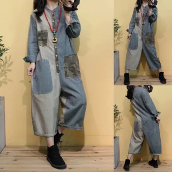 

Lady Camouflage Patchwork Denim Jumpsuit Women Casual Jumpsuit Summer 2020 Loose Rompers Womens Wide Leg Jumpsuit