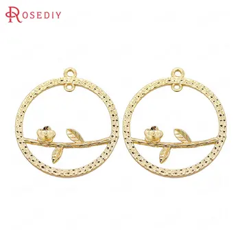 

(39391)6PCS 25MM 24K Gold Color Brass Flower Branch Circle Earring Connect Charms Pendants Jewelry Making Diy Accessories