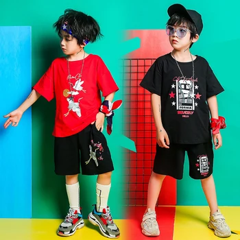 

Boys Hip Hop Costumes Black Red T Shirt Shorts Ballroom Dance Girls Jazz Clothes Set Loose Dancewear outfits 6 8 10 12 14 Years