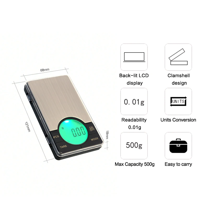 Digitale Präzisions-Taschenwaage für Schmuck mit großem LCD-Display und Hintergrundbeleuchtung, 500 g in 0,01 g-Schritten, Gramm-Skala_voghion.com