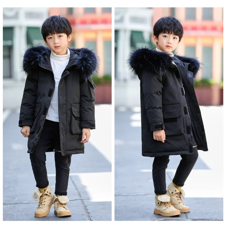 Brand Children Down Parkas Coats Boy Down Jackets Warm Long Model Fur Kids Teenager Thickening Outerwear For Cold Winter 0833