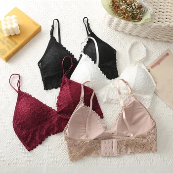 

French Style Bralette Solid Color Women Girls Seamless Deep V Lace Bra Wireless Thin Underwear Soft Bras