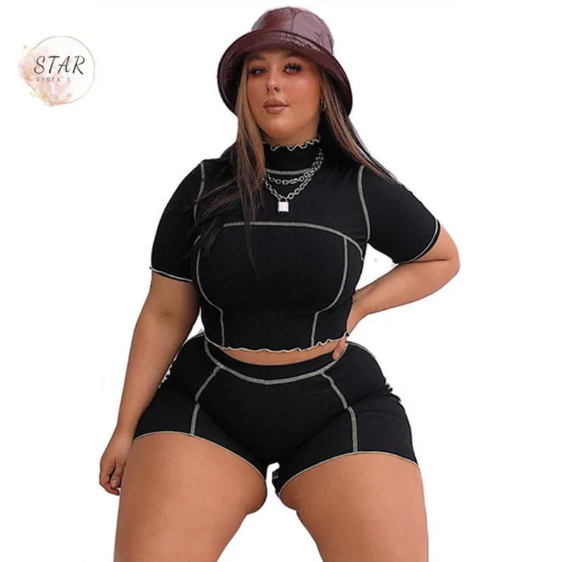 Conjunto de 2 piezas de Ropa de talla grande para mujer, Top corto con cintura elástica y pantalones cortos, ajustado, informal, venta al por mayor, Dropshipping