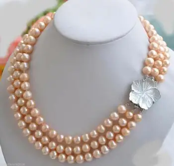 

3 ROW New Design 7-8mm Natural South Sea pink Pearl Necklace 18''