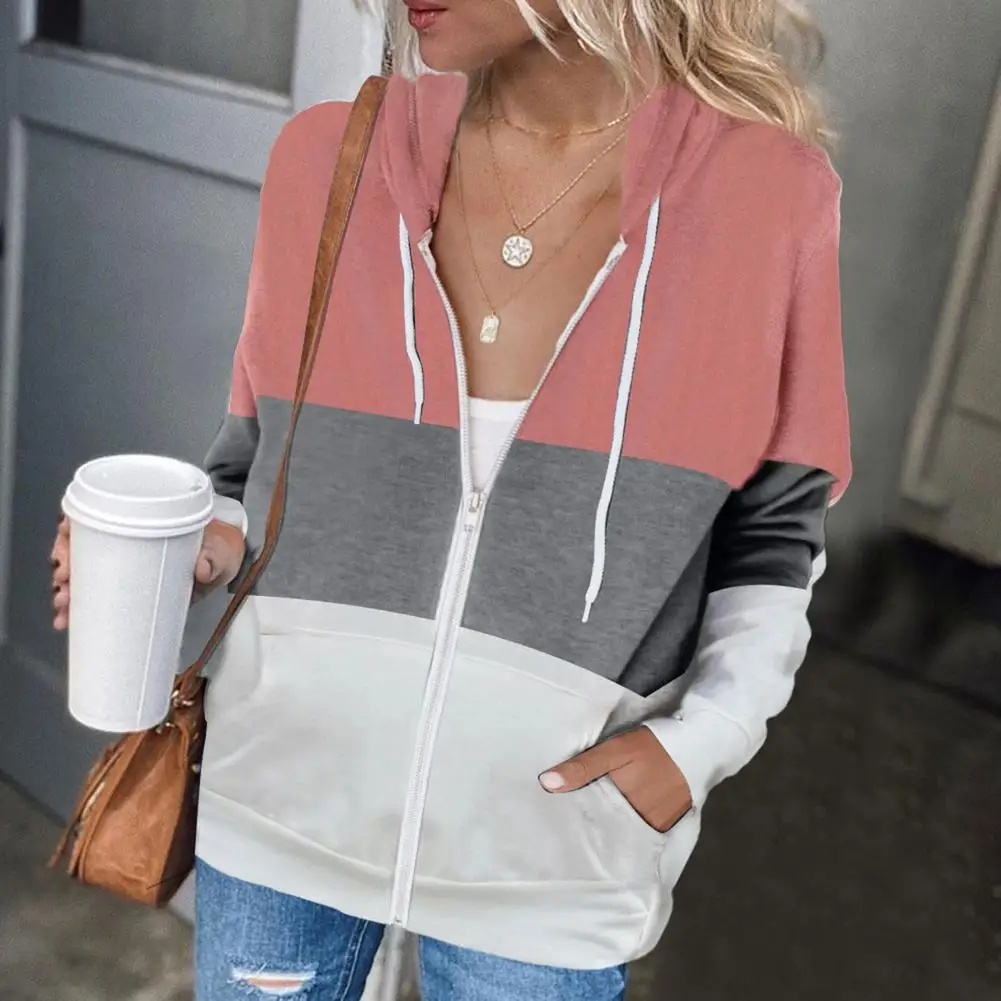 Women's Hooded Jacket Color Contrast Striped Long Sleeve Sweater Zipper Pocket Cardigan Casual Sports Hoodie Autumn Clothing 2