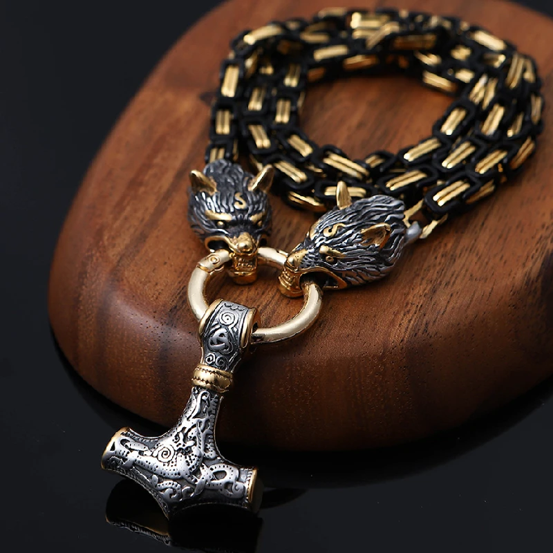 

MKENDN Мужская подвеска из нержавеющей стали с головой волка, искусственный амулет, молот Тора, ожерелье без выцветания, покрытая черным золотом, королевская цепь