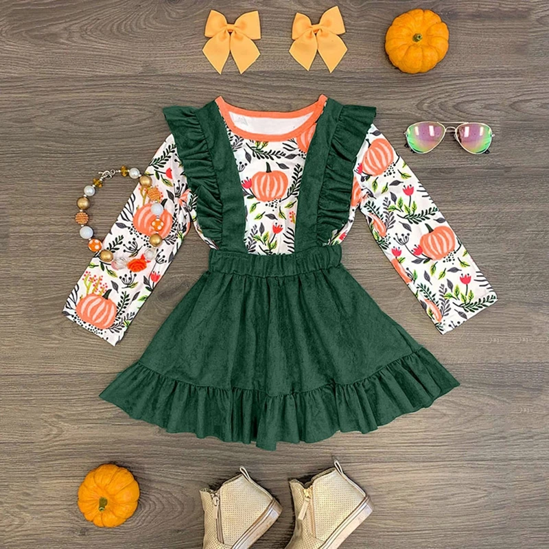 

Baby Girls Halloween Outfits 6M-4Years Long Sleeve Pumpkin Print T Shirt Tops Solid Ruffle Suspender Skirts Outfit Set 2019 New