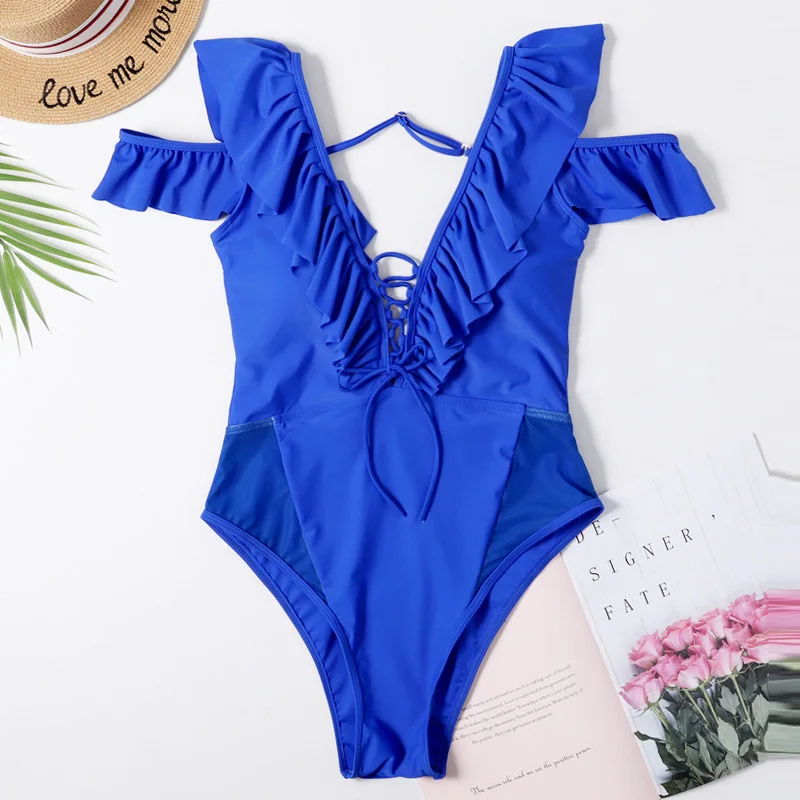 

INGAGA Solid Deep V-neck One Piece Swimsuit Sexy Lace-up Swimwear Women High Cut Bathing Suit 2020 New Ruffle Bathing Suit